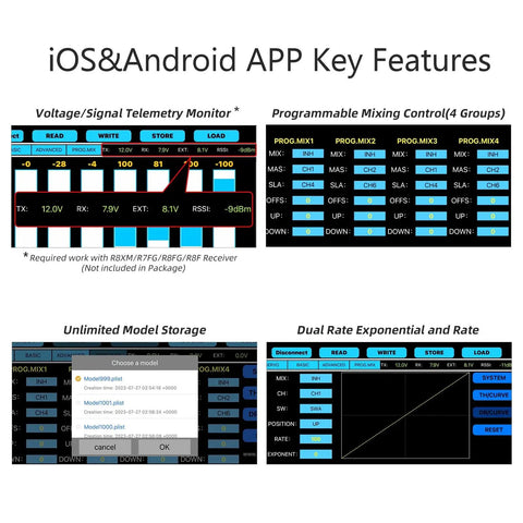 iOS & Android app features for 8 Channel 2.4GHz RC Remote Transmitter With R8EF Receiver including telemetry, mixing, model storage