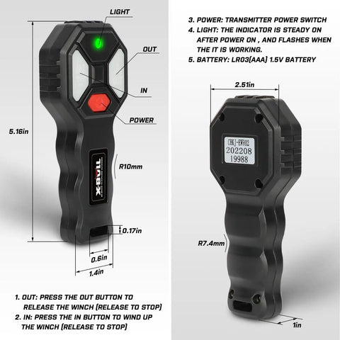 Wireless Winch Remote Control Kit With 2 Button Handset For Cars ATVs And SUVs 12V showing front and back details.