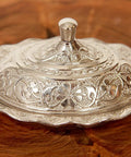Intricately engraved sugar bowl from Turkish Coffee And Espresso Set With Copper Pot And Tray, 13 Piece Full Serving Kit.