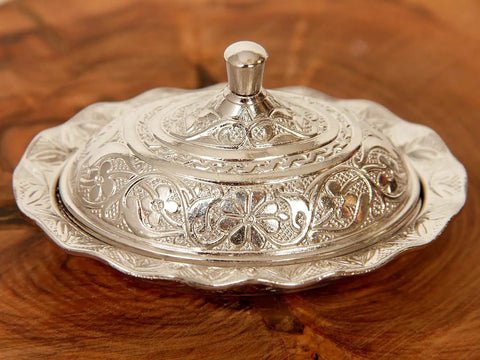 Intricately engraved sugar bowl from Turkish Coffee And Espresso Set With Copper Pot And Tray, 13 Piece Full Serving Kit.