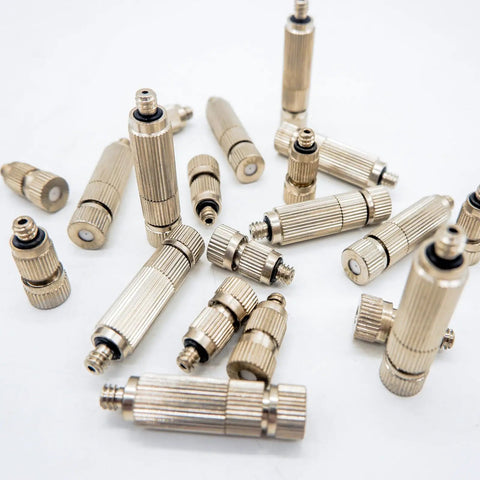 Outdoor Misting Nozzles Set, Stainless Steel High-Pressure Fogger Heads scattered, showcasing 3/16 Inch Thread 10/24 UNC design.