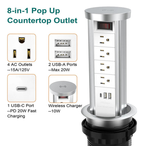 Pop Up Power Outlet With Wireless Charging Station, Hidden Countertop Outlet With Four AC, Two USB, and One USB-C Port
