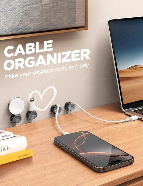 Easy Cord Organizer With Dual Spring And Clasp Cable Clips for secure cable management on desk, holding charging cable.