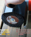 40 Grit Burnishing Wheel For Wood And Metal Surface Conditioning, 120mm Diameter, in use on wood surface