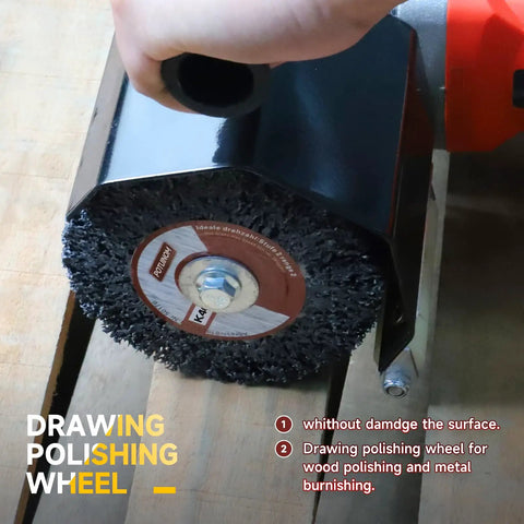 40 Grit Burnishing Wheel For Wood And Metal Surface Conditioning, 120mm Diameter, in use on wood surface
