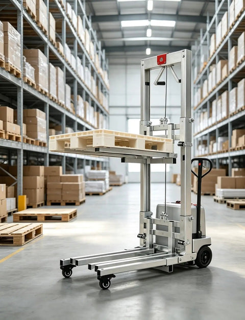 Heavy Duty Manual Winch Material Lift With Smooth 60 To 80kg Load Support For Easy Cabinet Board Installation And Warehouse Storage Work in a warehouse setting.