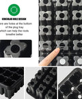 54 Cell Seed Starter Tray Set 2.8 Inch Deep Plug Trays For Easy Germination And Transplantation Reusable 5 Pack Fits TD377 Nursery Grid Size 11.14 Inch By 14.6 Inch Heavy Duty Plant Starter Trays For Seedlings And Succulents showing circular hole design for root breathing.