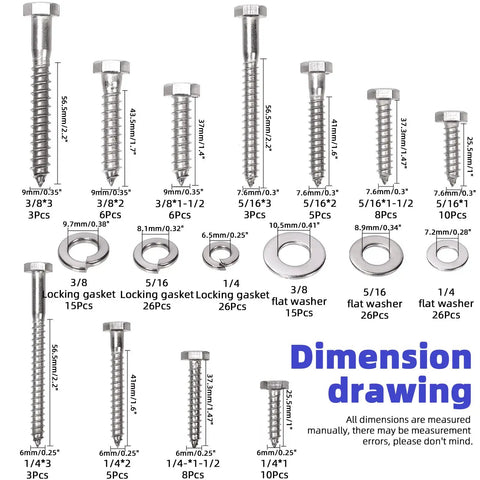 Badass 201 Piece Hex Lag Screw Assortment Kit Including 1/4 5/16 And 3/8 Inch 304 Stainless Steel Threaded Bolts With Flat And Lock Washers For Tough Home Shop Jobs And Yard Buildouts dimensions with sizes and quantities.