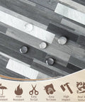 Peel And Stick Backsplash Tile Set With Black And Grey Wood Grain Look PVC Mixed Metal Finish, water-resistant feature shown