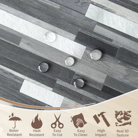 Peel And Stick Backsplash Tile Set With Black And Grey Wood Grain Look PVC Mixed Metal Finish, water-resistant feature shown