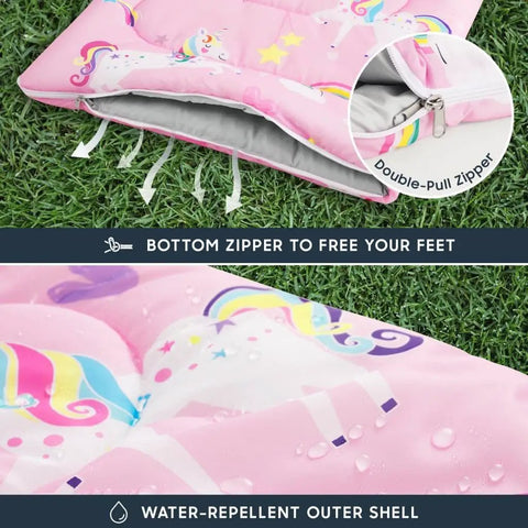 Unicorn Rainbow Clouds Pink Kids Sleeping Bag For Girls 61x26 Inches Lightweight 2.9 Lb 3 Season Camping And Sleepovers