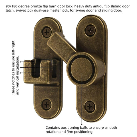 Heavy Duty 90 To 180 Degree Flip Barn Door Lock For Sliding Doors Built Tough Anti Rust Bronze Zinc Alloy Latch with Antique Finish