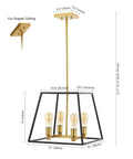 Black And Brass Farmhouse Industrial 4 Light LED Pendant For Kitchen Island And Dining Room, showing dimensions and sloped ceiling mount