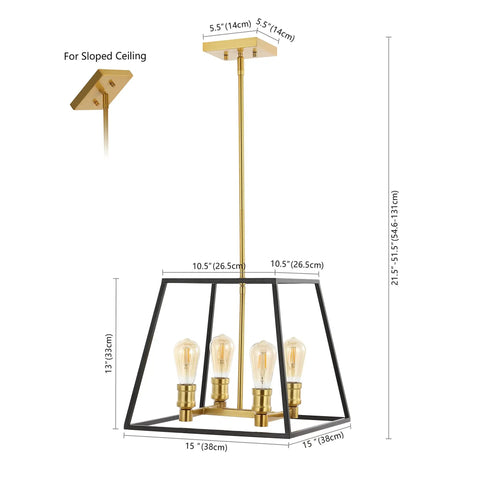 Black And Brass Farmhouse Industrial 4 Light LED Pendant For Kitchen Island And Dining Room, showing dimensions and sloped ceiling mount