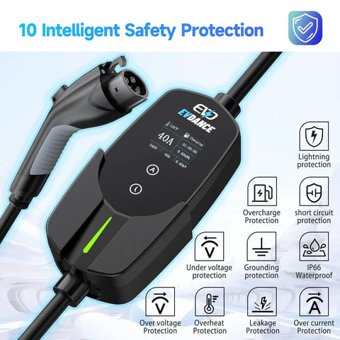 Level 2 EV Charger 40 Amp 240 V 9.6 kW Portable Home Charging Station With NEMA 14-50P 25 Ft Cable Adjustable Current
