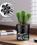 Fire Resistant Steel Flower Pot Stash Safe With Lock Hidden Safe Box Dual Layer Design Upper ABS Plant Pot Lower Steel Compartment With False Bottom For Hidden Valuables Black on table with cactus