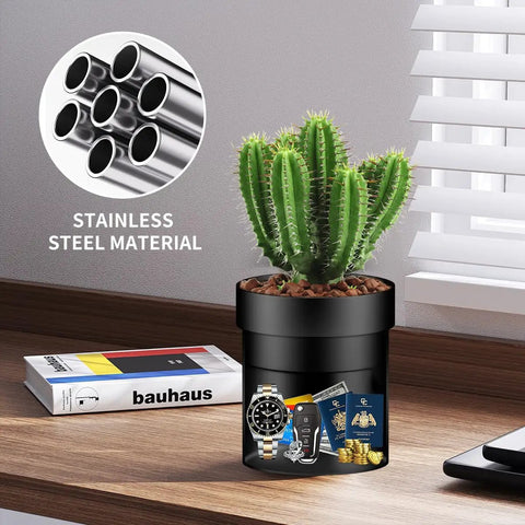 Fire Resistant Steel Flower Pot Stash Safe With Lock Hidden Safe Box Dual Layer Design Upper ABS Plant Pot Lower Steel Compartment With False Bottom For Hidden Valuables Black on table with cactus