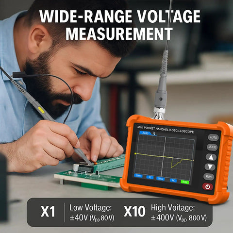 Technician using Handheld Oscilloscope With Probe Kit, Portable Pro Grade Lab Scope For Cars, 2.8 Inch TFT Screen.