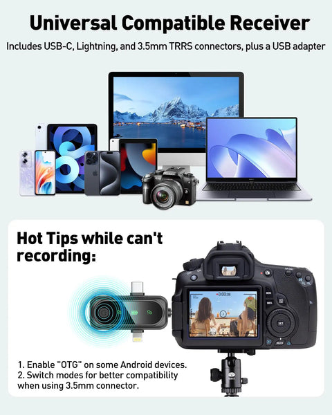 Universal compatible receiver connected to various devices with USB-C, Lightning, and 3.5mm connectors for Wireless Lavalier Microphone 4 In 1 Clip On For iPhone Android USB C PC And Camera With Rotatable Clip And Active Denoise For Vlog TikTok YouTube Podcasts Content Creators.