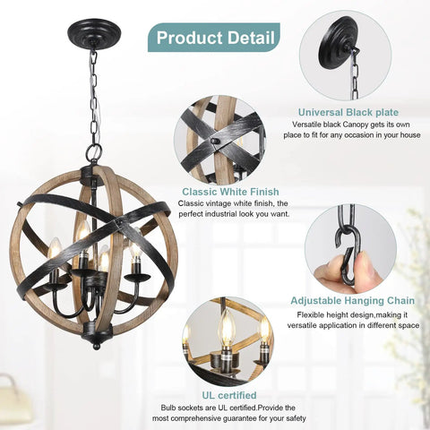 Cozy Rustic Farmhouse 4 Light Chandelier With Height Adjustable Design showcasing wood frame and vintage white finish in detail.