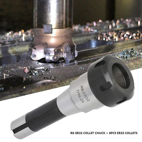 Built Tough R8 Er32 Collet Chuck Set With Six Precision Spring Collets Spanning One Eighth To Three Quarter Inches Straight Up Fit For Cnc Milling Machines Delivering Dead Center Accuracy For Heavy Duty Everyday Machining