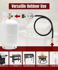 3.5 Ft Universal Gas Grill Regulator And Hose With Leak Detector Gauge next to propane tank and BBQ grill illustrations.