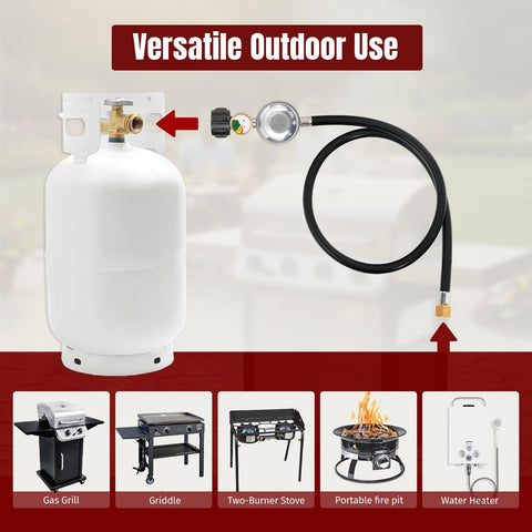 3.5 Ft Universal Gas Grill Regulator And Hose With Leak Detector Gauge next to propane tank and BBQ grill illustrations.