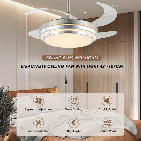 Slick Retractable Blades Ceiling Fan With Lights Remote Control For Bedroom Living Room Office Kitchen Dining 42 Inch