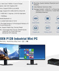 VENOEN P12B Industrial Mini PC in aluminum alloy case with dual monitor setup, showcasing Windows 10 Pro interface.