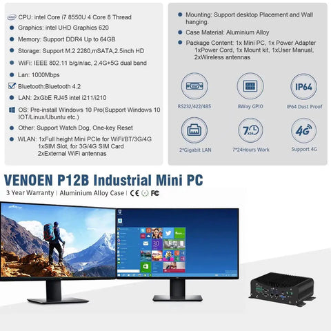 VENOEN P12B Industrial Mini PC in aluminum alloy case with dual monitor setup, showcasing Windows 10 Pro interface.