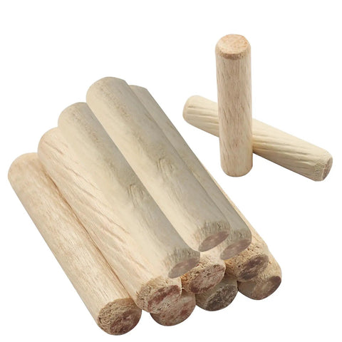 Kickass Fluted Wood Dowel Pins M8x40mm Hardwood Grooved Plugs Kiln Dried for furniture building, showing varying angles.