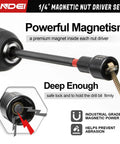 Your Go-To Quarter Inch Drive Socket And Nut Driver Set 44-Pc Kit With Deep And Shallow Metric Sockets From 4Mm To 15Mm, 72-Tooth Ratchet, 3-Inch Extension Bar, Universal Joint, Bit Coupler, And 6-Inch Long Nut Drivers For Impact Drills showcasing magnetic nut driver.