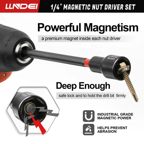 Your Go-To Quarter Inch Drive Socket And Nut Driver Set 44-Pc Kit With Deep And Shallow Metric Sockets From 4Mm To 15Mm, 72-Tooth Ratchet, 3-Inch Extension Bar, Universal Joint, Bit Coupler, And 6-Inch Long Nut Drivers For Impact Drills showcasing magnetic nut driver.