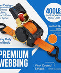 Heavy Duty Retractable Tie Down Straps Bulk 640 Count Two Pallets With Zinc Coated S Hooks And Steel Ratchet Lock overview with orange webbing.