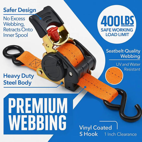Heavy Duty Retractable Tie Down Straps Bulk 640 Count Two Pallets With Zinc Coated S Hooks And Steel Ratchet Lock overview with orange webbing.