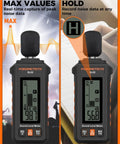 Pro Grade Sound Level Meter With 30 To 130 dB Range, A And C Weighting, Fast And Slow Response Modes, Ultra Accurate For Environmental Noise Monitoring, Workplace Safety, And Sound Checks. handheld black sound level meter showing MAX and HOLD modes