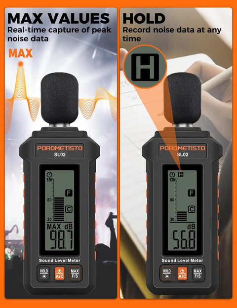 Pro Grade Sound Level Meter With 30 To 130 dB Range, A And C Weighting, Fast And Slow Response Modes, Ultra Accurate For Environmental Noise Monitoring, Workplace Safety, And Sound Checks. handheld black sound level meter showing MAX and HOLD modes