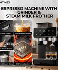 Compact Semi Automatic Espresso Machine With Built In Burr Grinder And Steam Frother 20 Bar Pressure Quick Heat countertop model with smart touch screen.