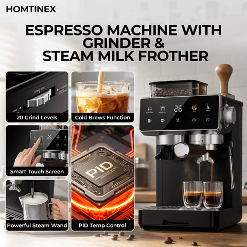 Compact Semi Automatic Espresso Machine With Built In Burr Grinder And Steam Frother 20 Bar Pressure Quick Heat countertop model with smart touch screen.