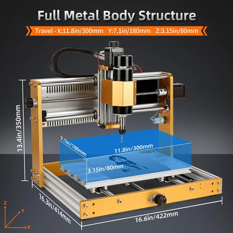 LUNYEE 3018 PRO MAX CNC router, all-metal frame in orange and silver, 300 x 180 x 80 mm working area