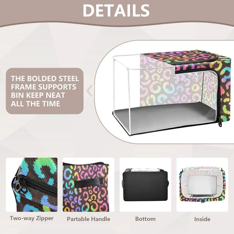 Hella Roomy Foldable Storage Bin With Clear Front Window And Top Front Twin Zippers Built Tough Steel Rod Support Real Sturdy Home Organizer Leopard Print Rainbow Decor with two-way zipper and clear front.