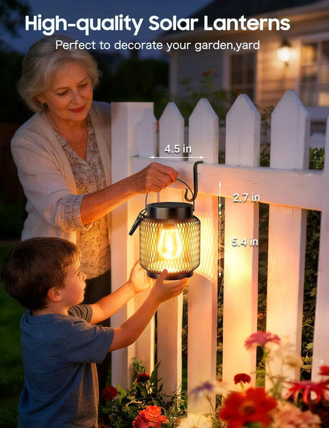Woman and child with Metal Outdoor Solar Lanterns 2 Pack Waterproof Hanging Lights For Yard Patio Path Garden Decor Up To 15 Hours