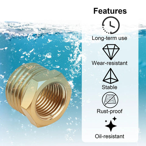 Brass hex reducer bushing, 1/4 NPT male to 1/8 NPT female threaded pipe fitting for plumbing