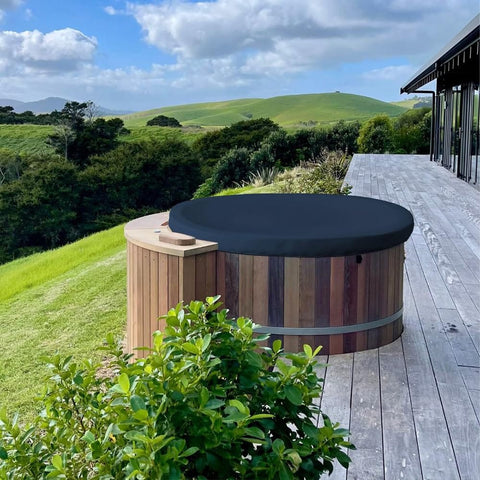 Round Hot Tub Cover For 90 Inch Spa, Waterproof UV Resistant Outdoor Protector With Elastic Hem in garden setting