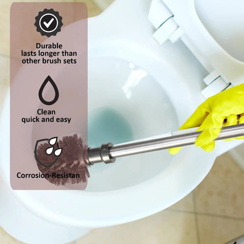 Person using Heavy Duty Freestanding Toilet Brush And Plunger Combo, Matte Stainless Steel Floor Stand in a toilet bowl.