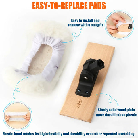 4 Pack Pro Grade 10 Inch Lambswool Applicator Kit showing adjustable holder and replaceable lambskin pad details.