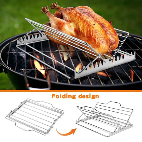 Adjustable Chicken and Turkey Roasting Rack With Foldable Stainless Steel V Shaped Stand on a grill with turkey