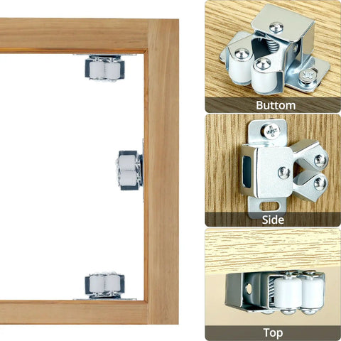 30 Pack Double Roller Cabinet Door Latch Kit, Beefy Galvanized Cold Rolled Steel Tension Catch with side and top views