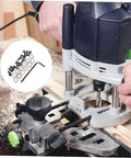 Router Bit Ball Bearings Kit With Top Mounting Bearings, Screws And Wrench For DIY Woodworking Repair, shown with a router in use.