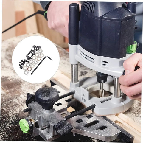 Router Bit Ball Bearings Kit With Top Mounting Bearings, Screws And Wrench For DIY Woodworking Repair, shown with a router in use.